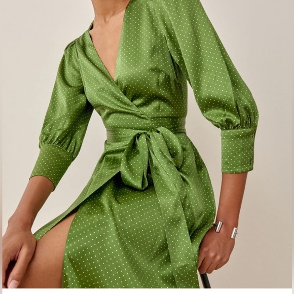 NWOT Reformation Merrick Dress polka dot Peat color 100% silk XL - Picture 4 of 9